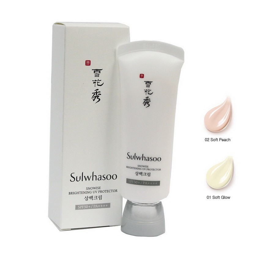  Sulwhasoo Snowise Brightening UV Protector SPF 50+ PA ++++ #01 Soft Glow 40 ml.  เนื้อครีมสีขาวบางเบา สบายผิว No.1 Soft Glow - เหมาะสำหรับผู้ที่มีผิวแห้งและชอบกิจกรรมกลางแจ้ง  - เพื่อผิวสวยเนียนกลมกลืนเป็นธรรมชาติ