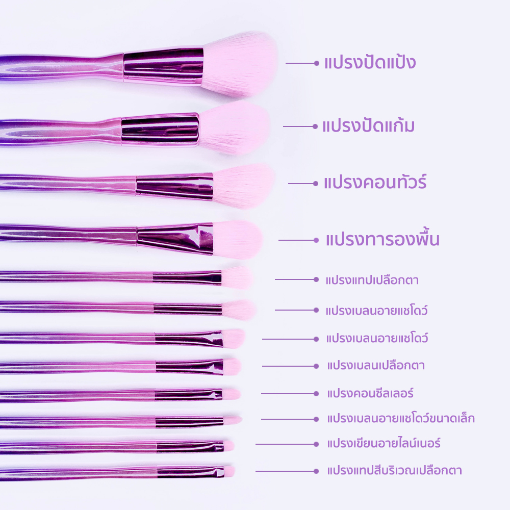 AllpeaU brushes set with bag #pink แปรงแต่งหน้าเซต 12 ชิ้น + กระเป๋า สีชมพูอมม่วง ครบจบทั้งหน้า และ ดวงตา